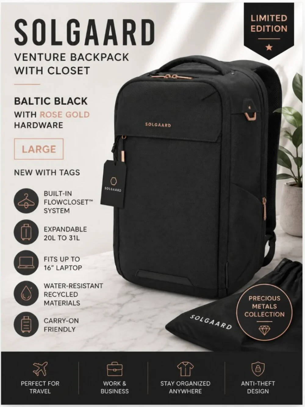 RARE Solgaard Venture Backpack w/ Closet Baltic Black Rose Gold Large NWT